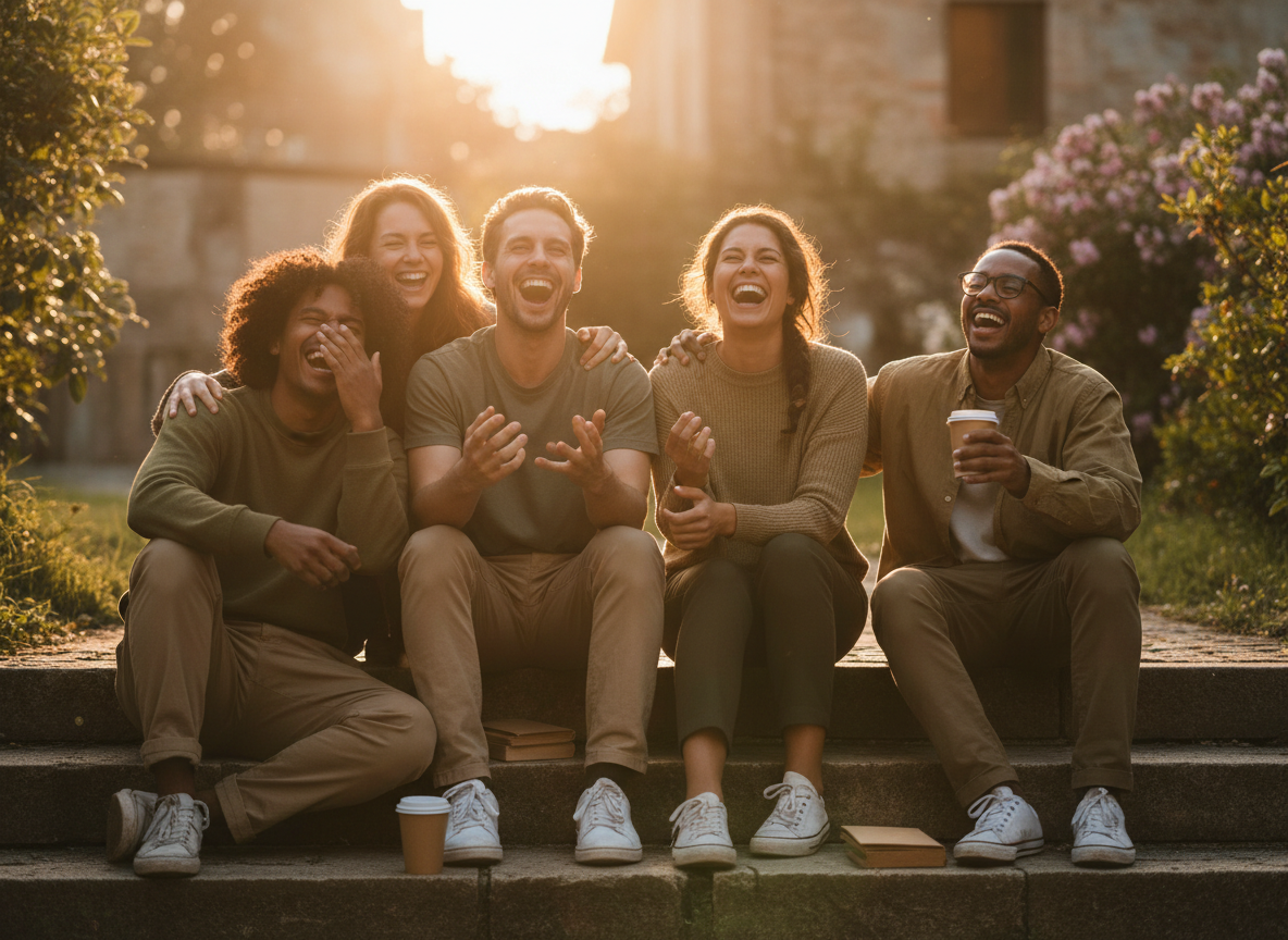 Friends laughing together in warm sunlight, representing the joy of community and connection
