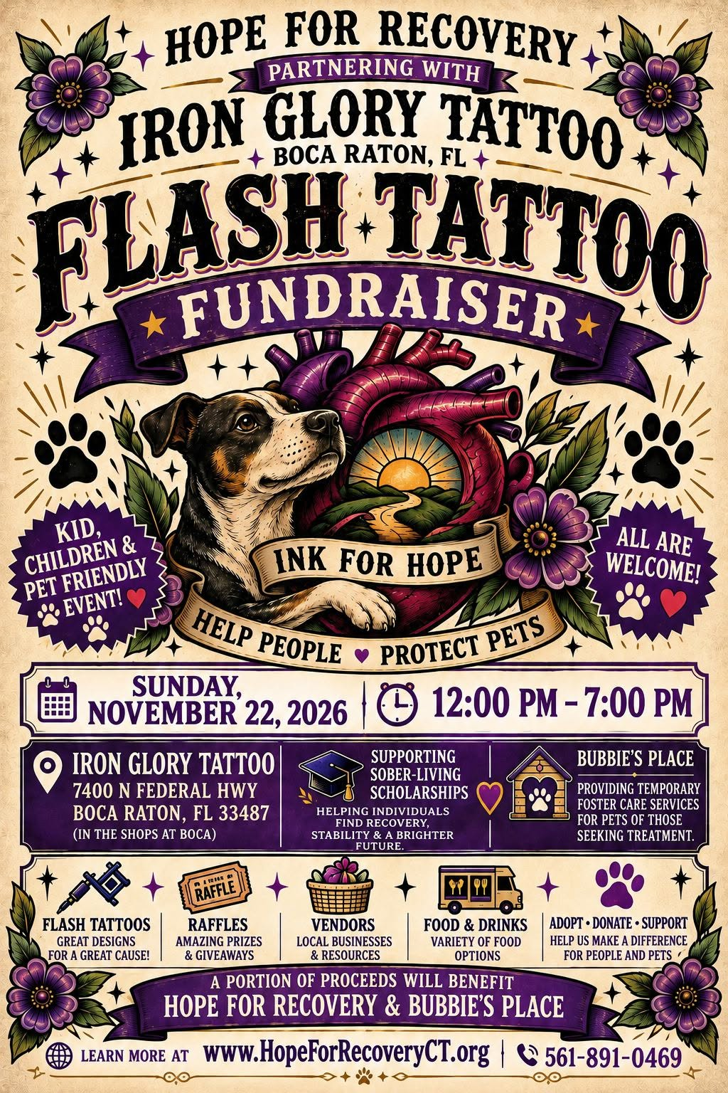 Ink for Hope flash tattoo fundraiser flyer — Iron Glory Tattoo, Boca Raton