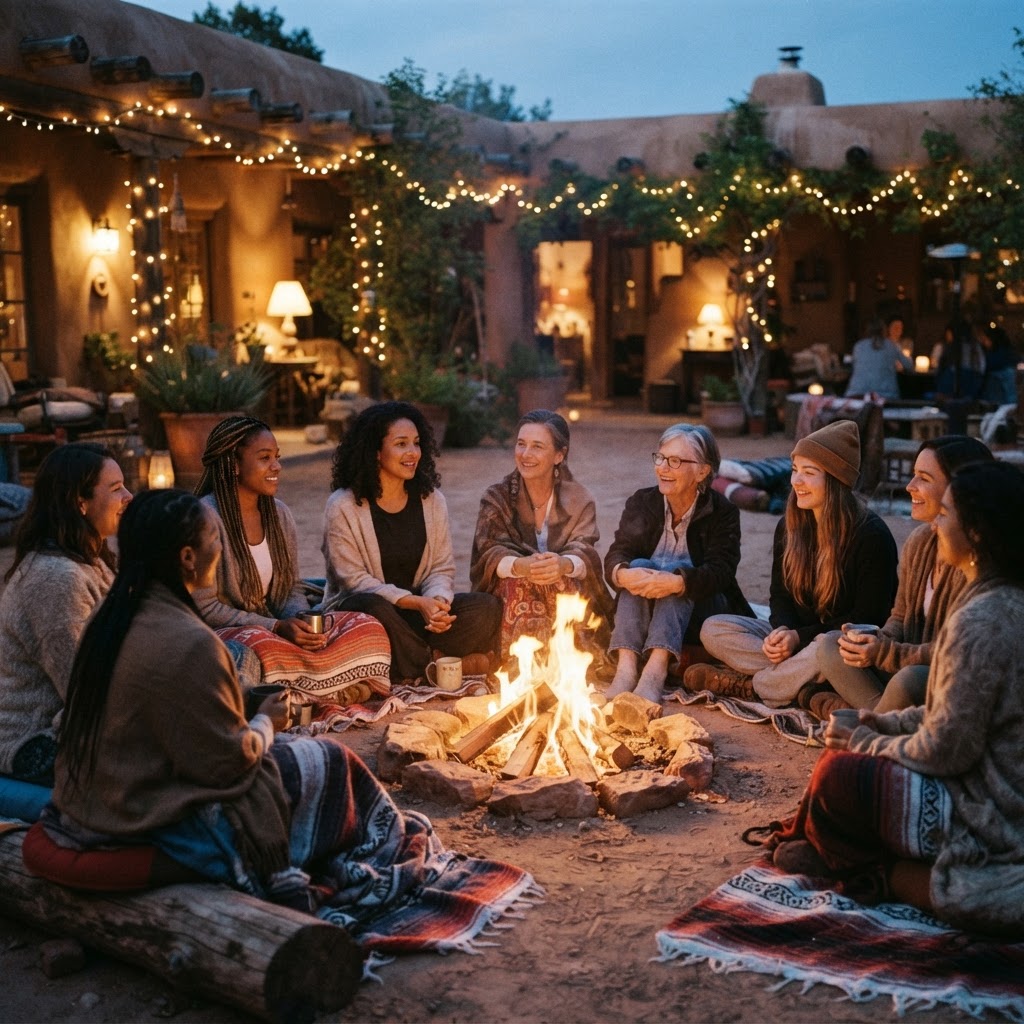Women gathered around a fireside circle