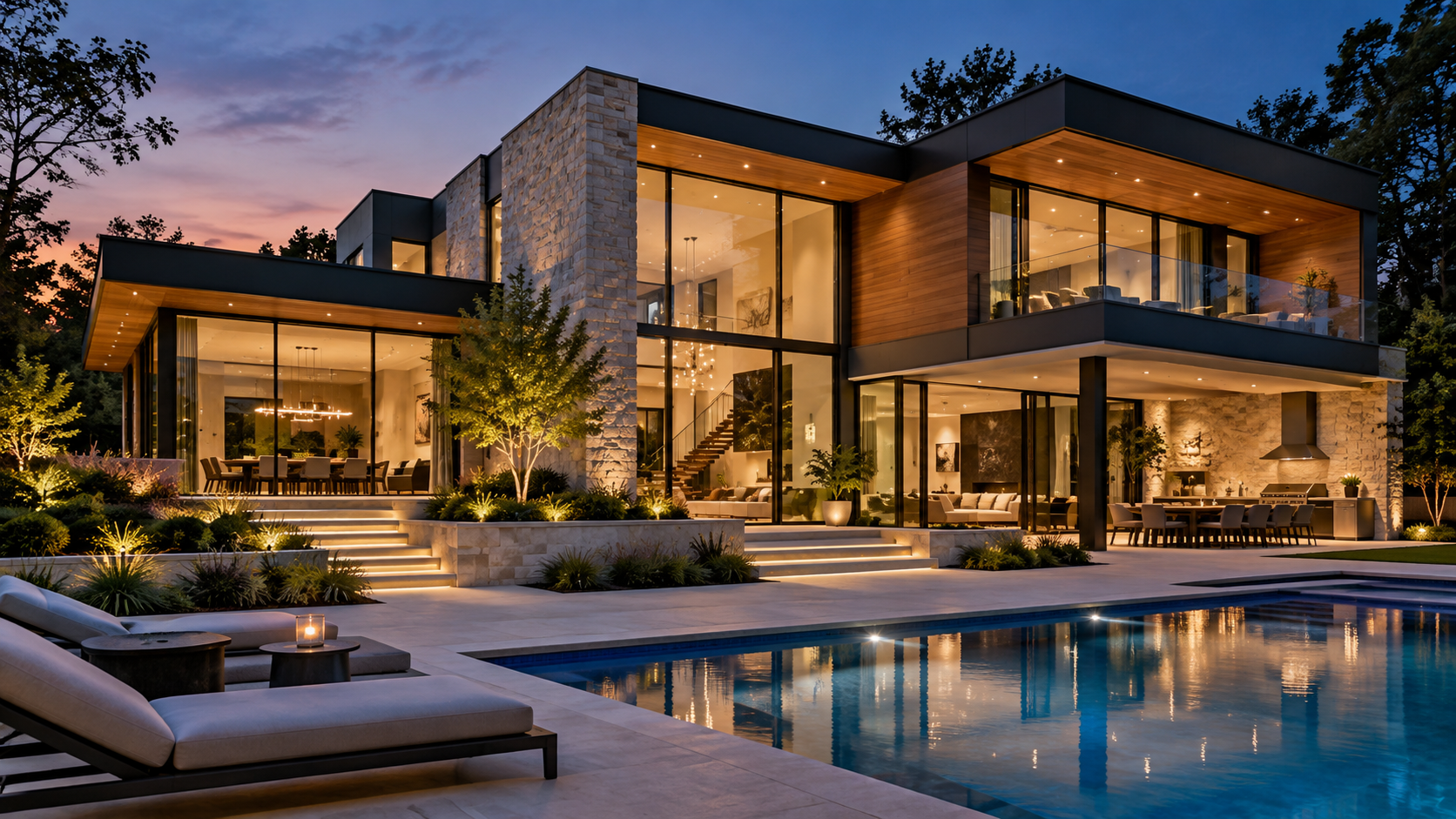 Representative contemporary residence at twilight