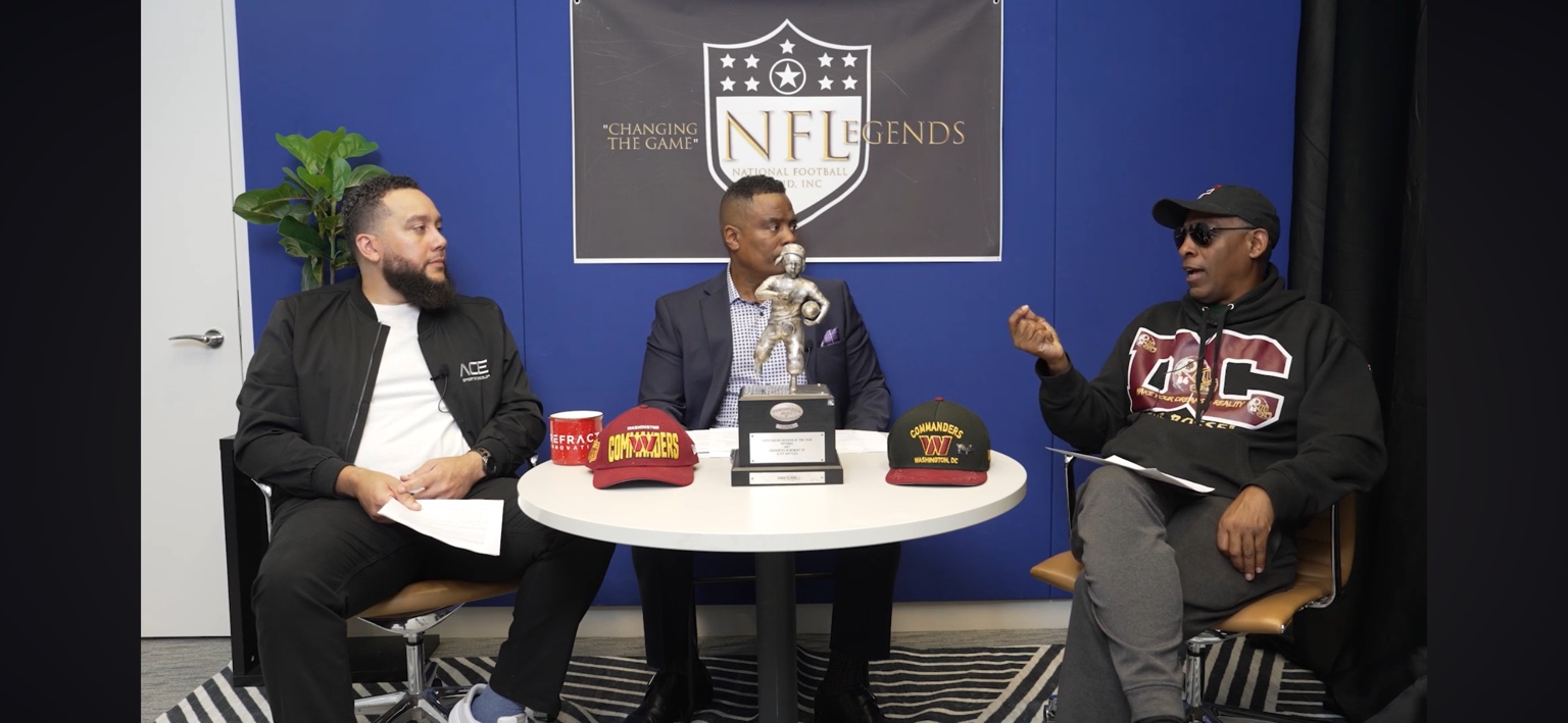 Lance Hawkins in conversation on the NFL Legends podcast set