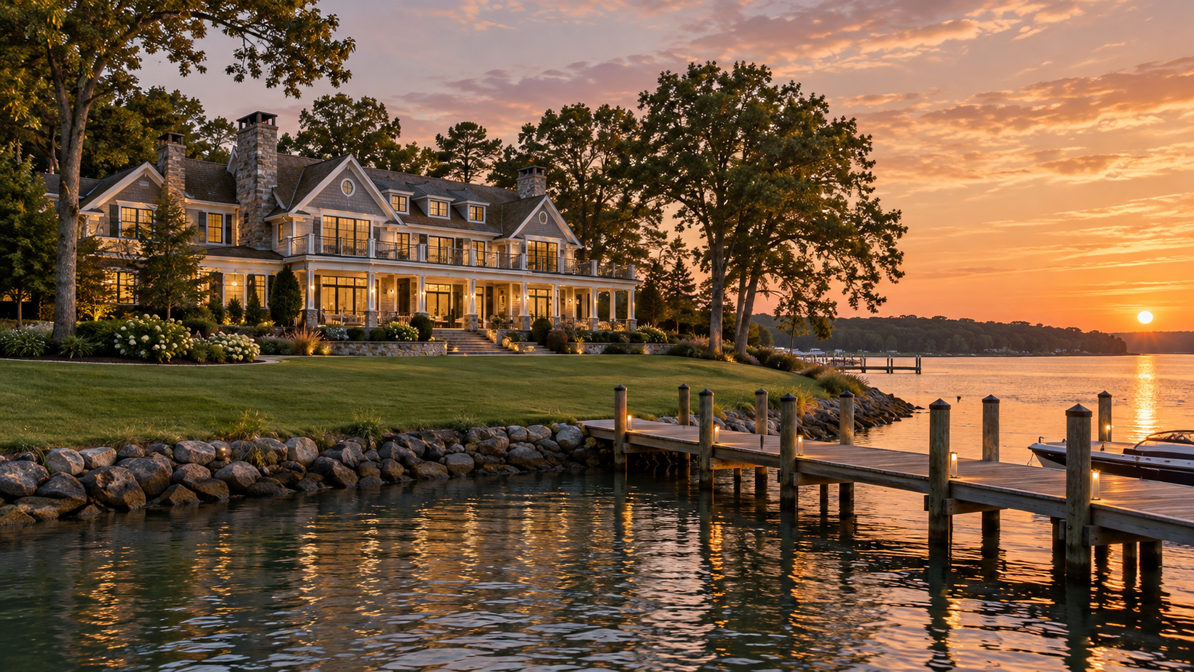 Representative waterfront estate at sunset