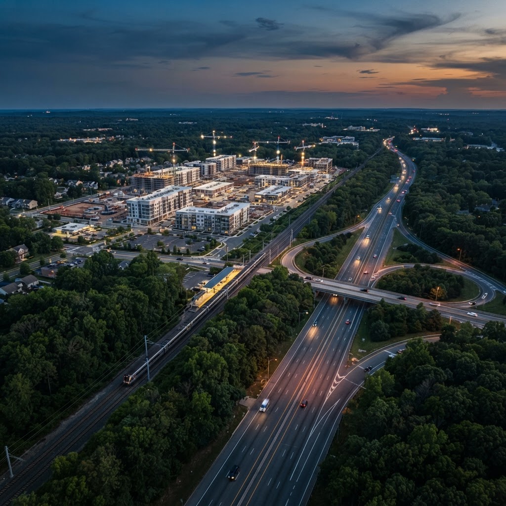Representative aerial view of roads, transit and surrounding land
