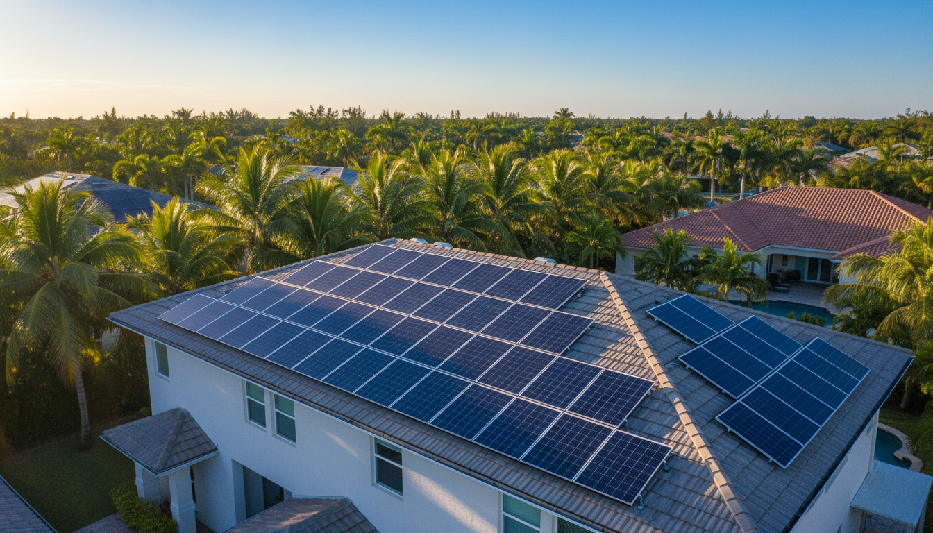 Beautiful residential rooftop with solar panels surrounded by palm trees