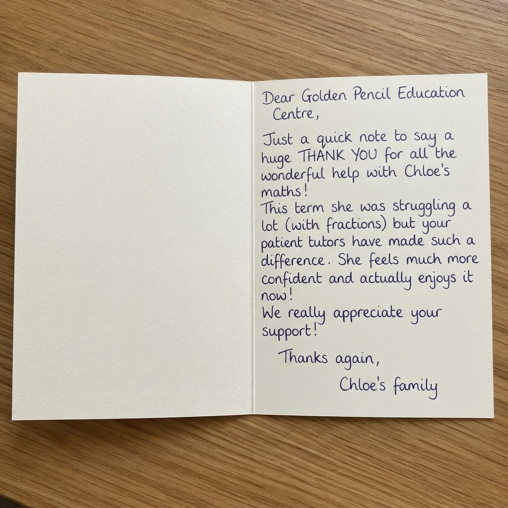 Handwritten parent feedback testimonial 1 for Golden Pencil tutoring in Doncaster