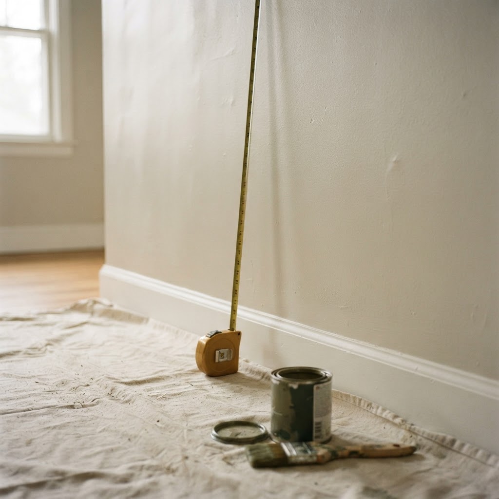 A measuring tape, paint tin and brush against a wall