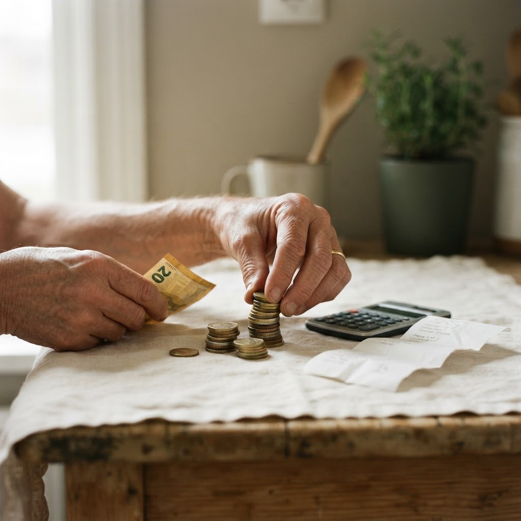 Counting coins and a shopping list on a kitchen bench