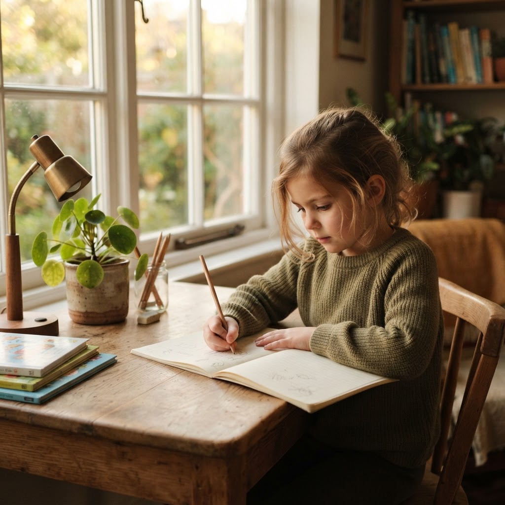 A child writing at a desk