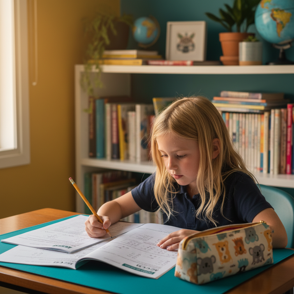 Student studying with past papers and notes