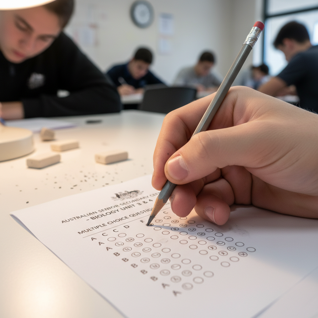Student writing during an exam with focus and confidence