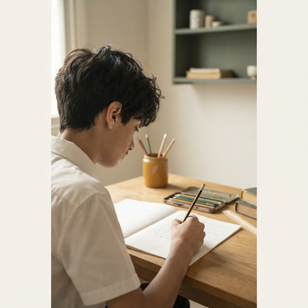 Student writing at a desk at Golden Pencil Education