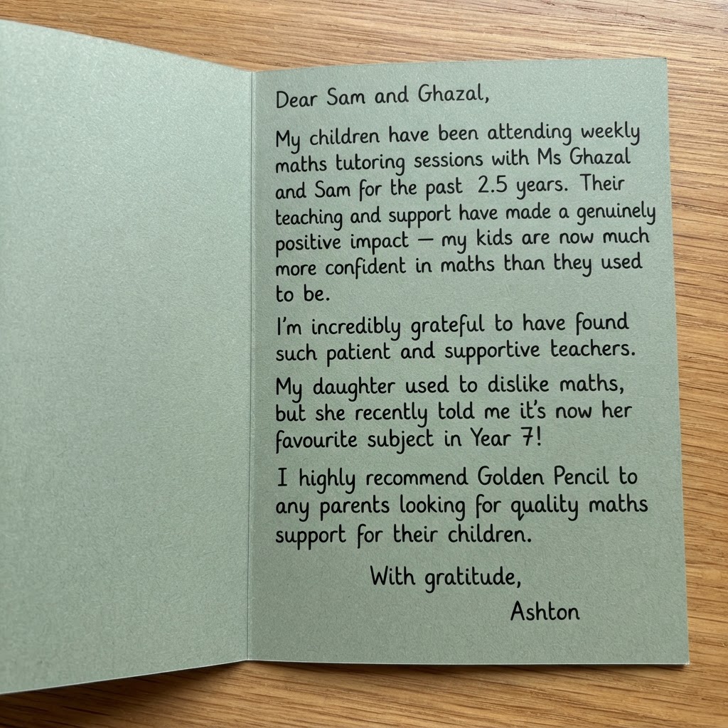 Handwritten parent feedback testimonial 2 for Golden Pencil tutoring in Doncaster