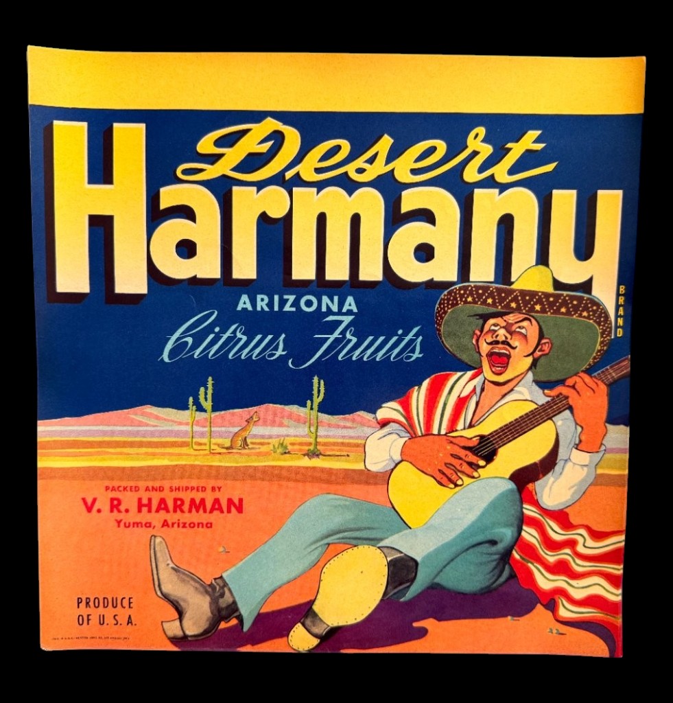 Vintage Desert Harmany fruit crate label from the Harman family farm