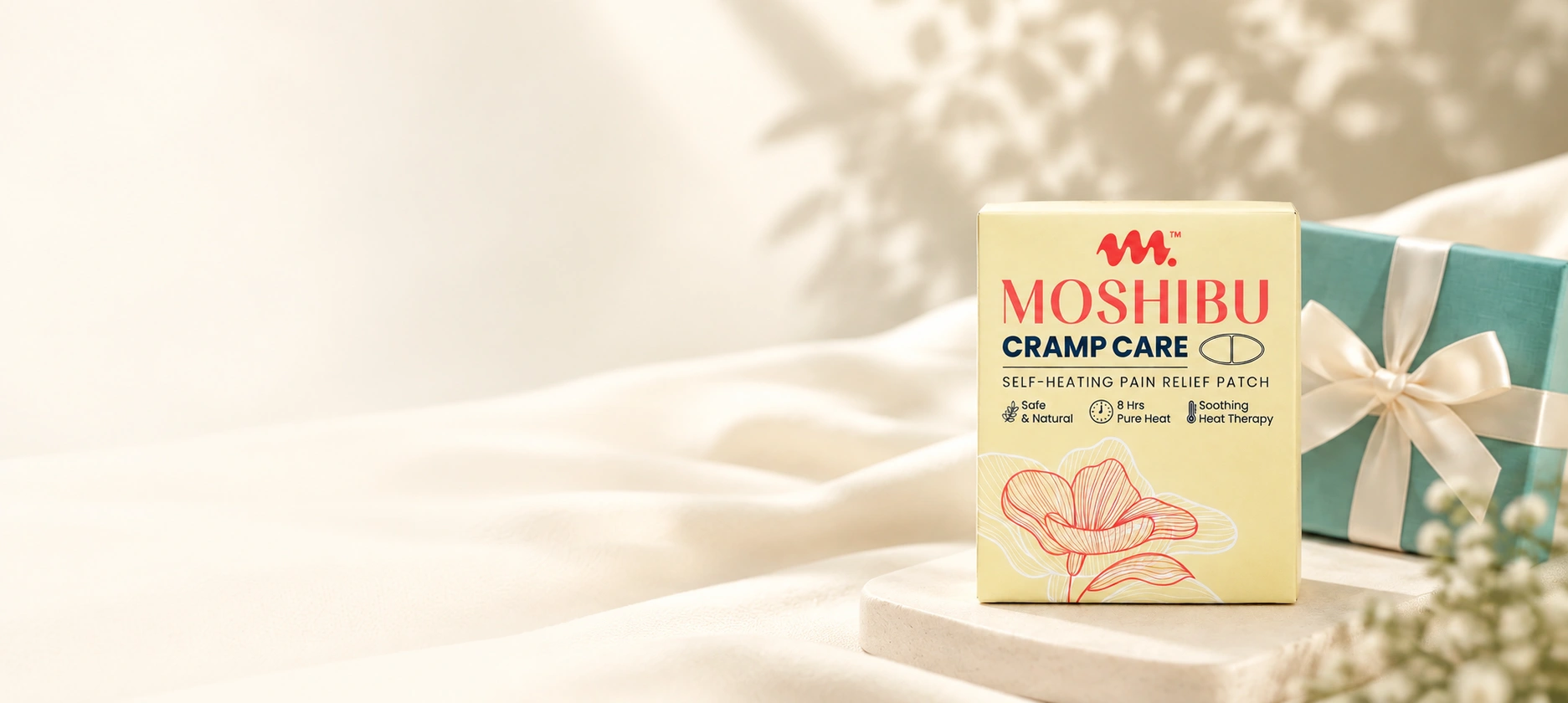 Moshibu Cramp Care patch with a gift box