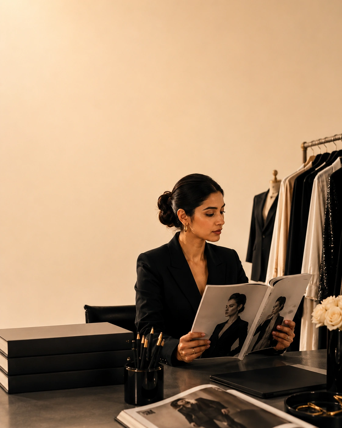 A fashion entrepreneur in a black blazer reviewing a lookbook at her studio desk.
