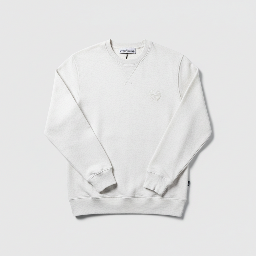 Stone Island White Garment Dyed Crew Neck Sweatshirt