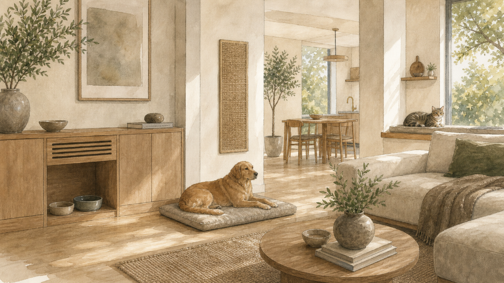 Watercolor architectural interior showing dog rest, cat window resting, resource zones, and calm human-animal coexistence.
