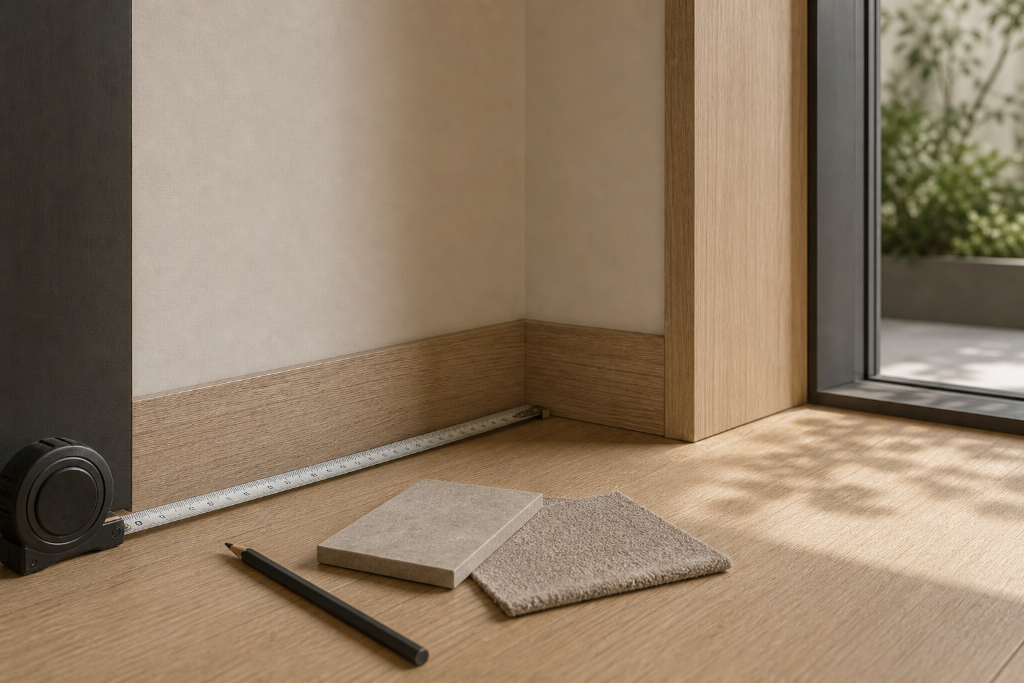 A tape measure along the base of an architectural corner on an oak floor beside material swatches and a pencil.