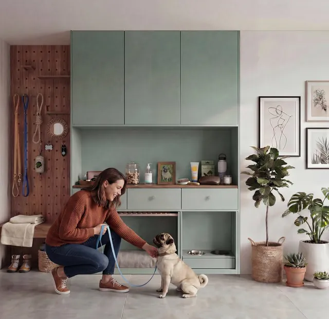 Woman and pug beside room-specific HĀM furniture for rest, care and household storage.