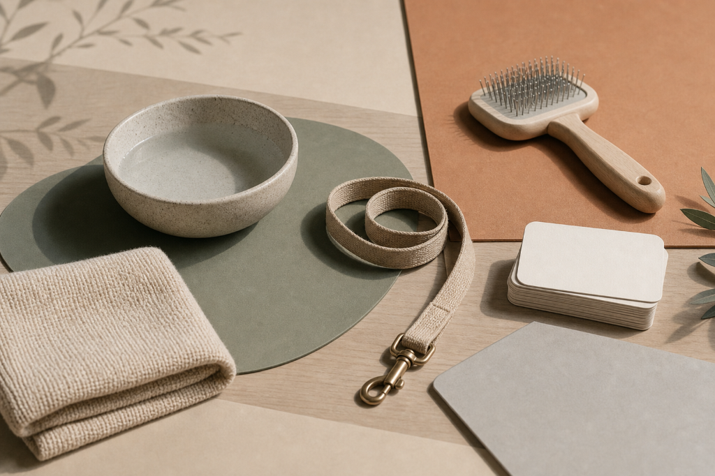 A flat lay of a ceramic bowl, leash, grooming brush, material swatches, and care cards on a warm earthtone background.