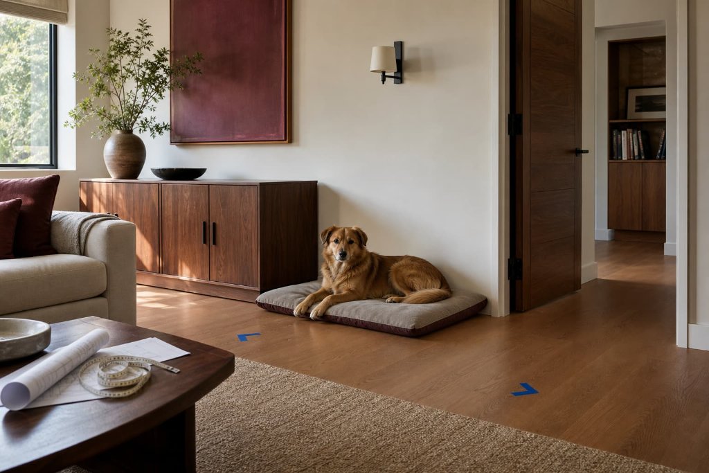 Dog resting on a familiar loose bed while its proposed location is tested beside a doorway, with the circulation path and room conditions visible.