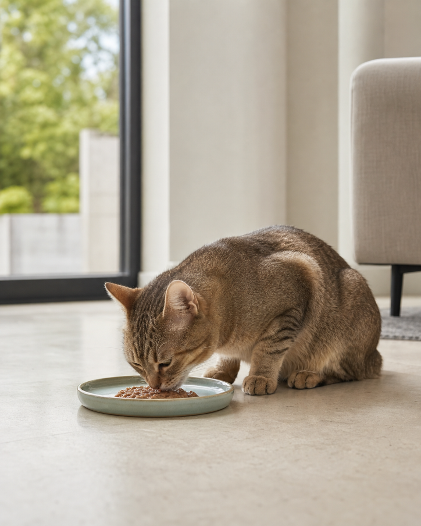 Cat eating from a shallow wide ceramic dish in a calm home setting.