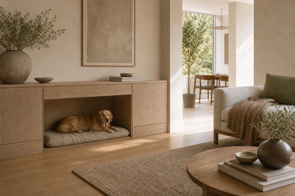 Dog resting in an open built-in alcove beside a living room, positioned outside the main walking route.