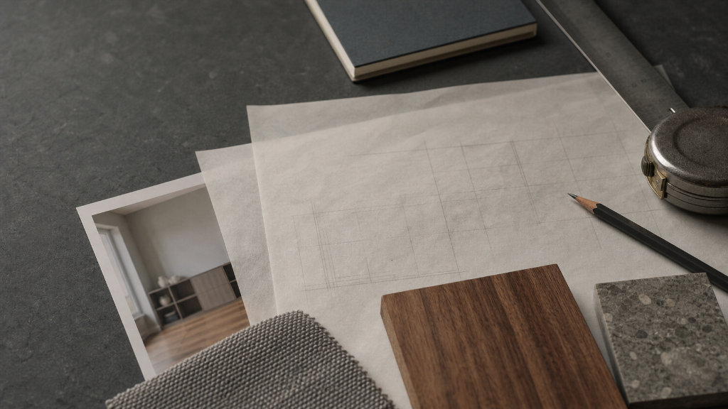 Design table with room photograph, tracing paper, timber sample, stone sample, textile swatch, pencil and measuring tool.