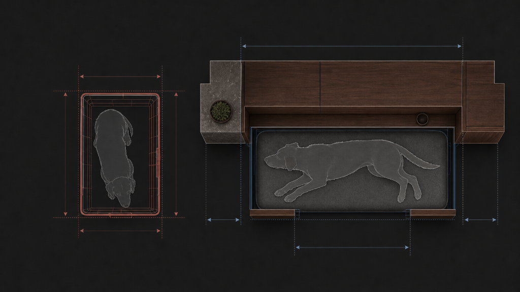 Top-down comparison: a narrow rectangular envelope for a Dachshund-bodied dog and a wider envelope for a Labrador-bodied dog, both annotated with internal clear dimensions.