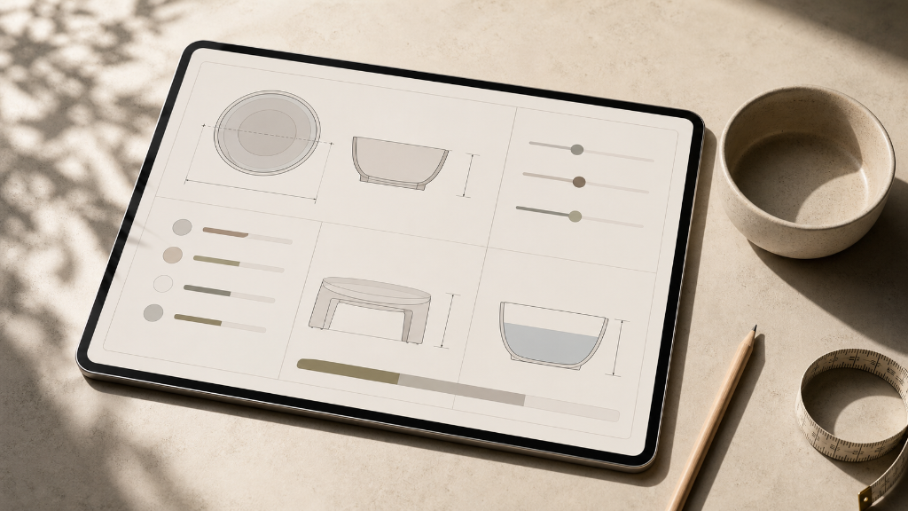 Abstract calculator interface showing feeding geometry outputs for bowl opening, depth, stand range, and water capacity.