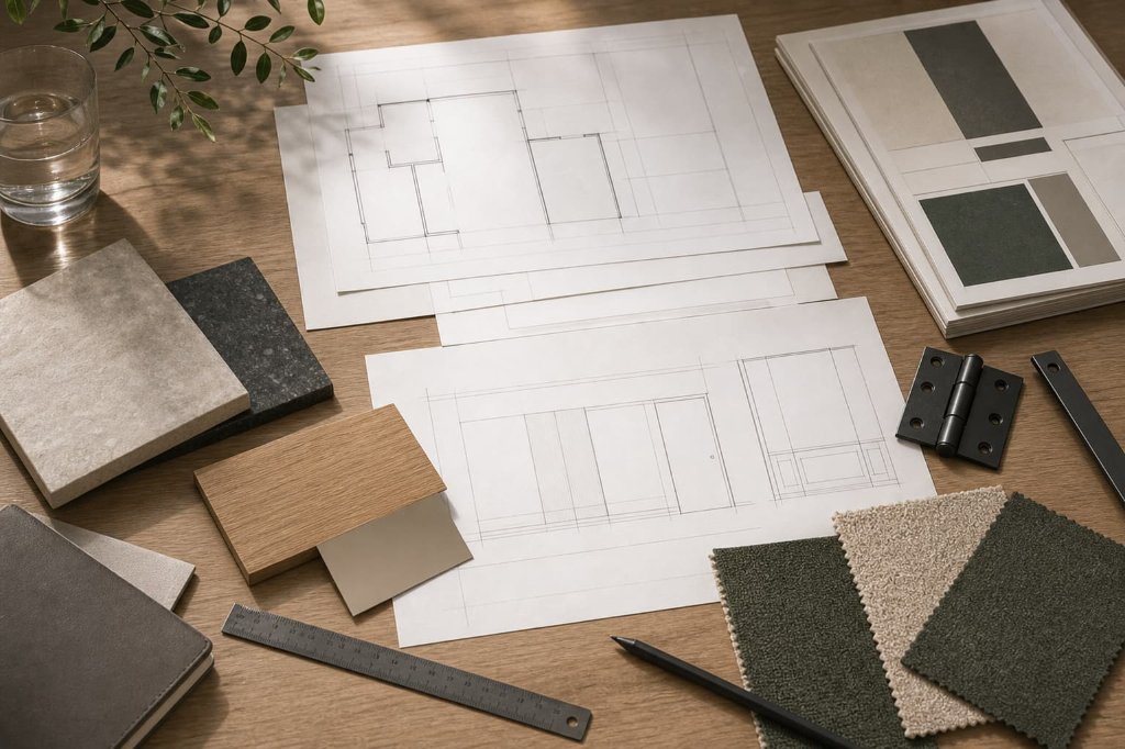 Abstract shop-drawing sheets, finish samples, hinge hardware, fabric swatches, ruler, and pencil arranged for a professional submittal review.
