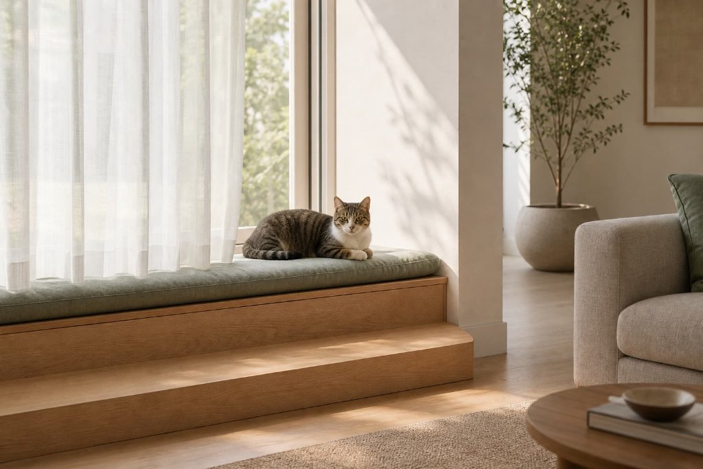 Cat resting on a low window bench with a broad step, open side access, and a clear route back into the room.