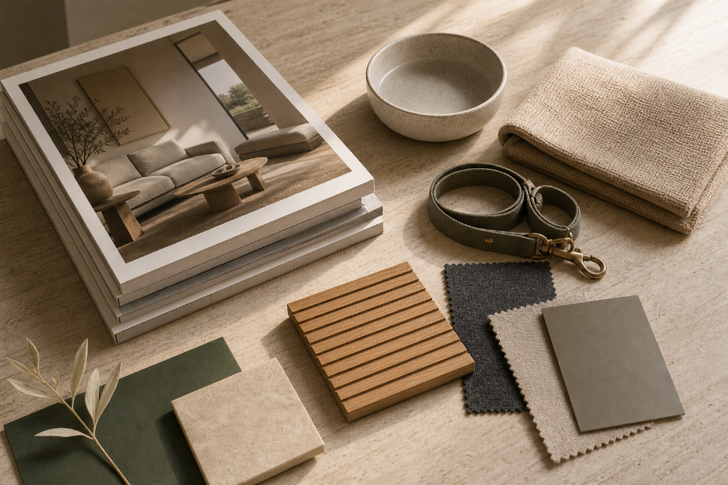 Interior design books, a ceramic bowl, leather leash, wood slat tile, and material swatches on a stone surface — a studied material palette.