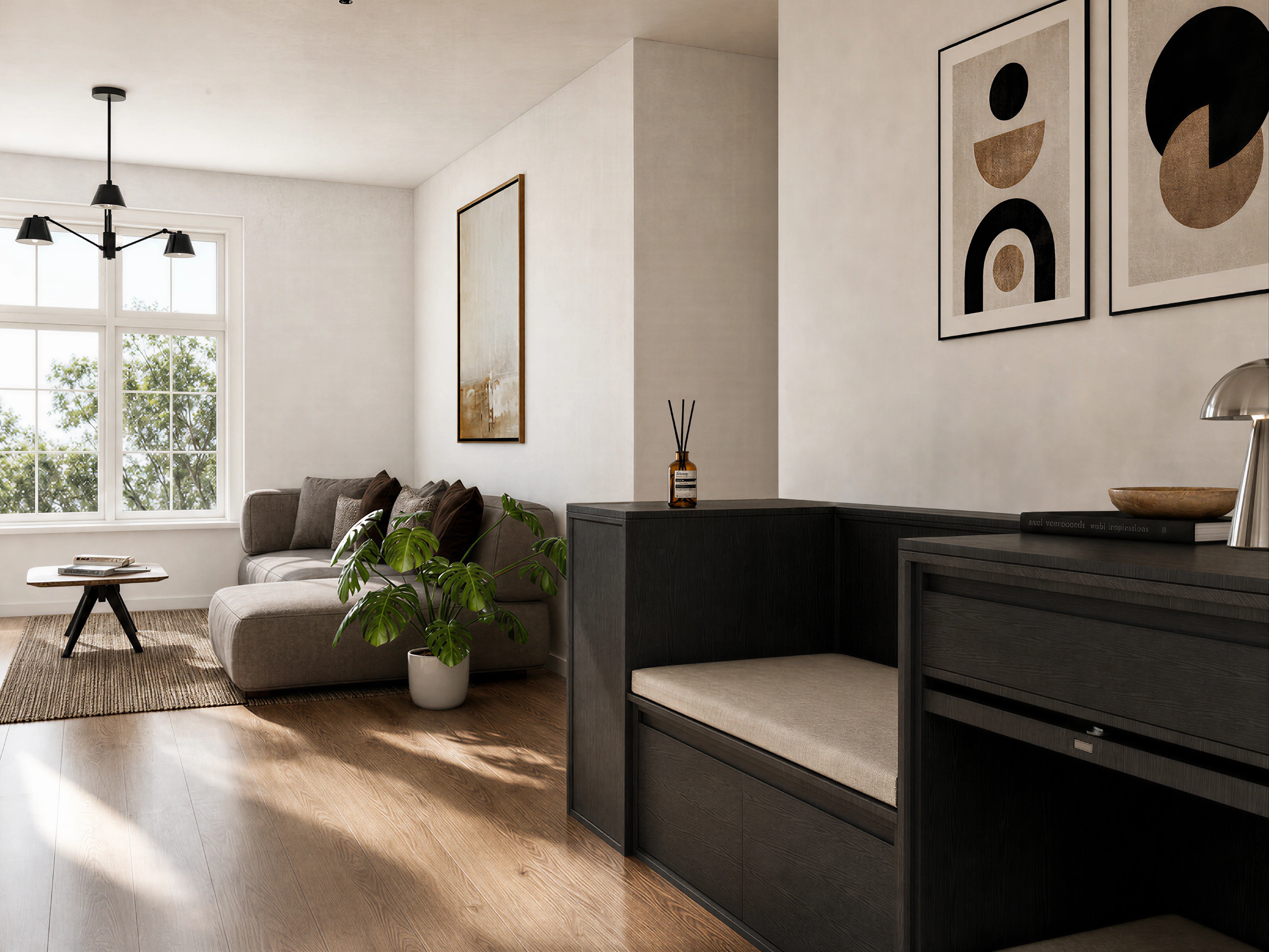 The Blackened Oak Entry Bench gallery image 1 — HĀM Studio bespoke pet architecture