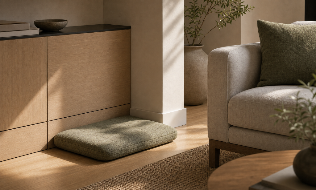 A green pet mat resting beside an oak credenza in a living room — resolved in proportion, material, and placement relative to the sofa and cabinet.