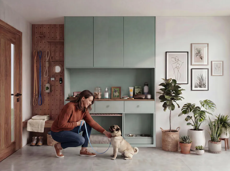 Woman and pug beside room-specific HĀM furniture for rest, care and household storage.