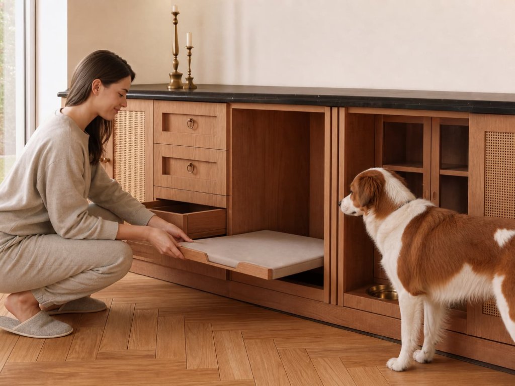 Removable dog-bed insert being drawn from coordinated modular furniture, with accessible interior surfaces, an open care drawer and visible module joints.