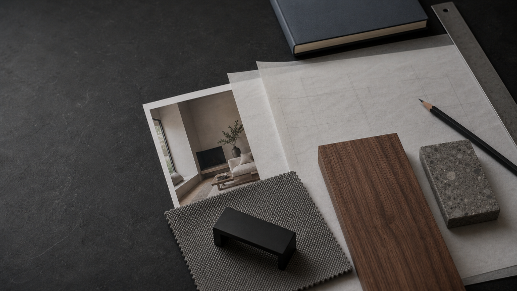 Architectural specification desk with material samples, tracing paper, interior reference image, pencil and ruler.