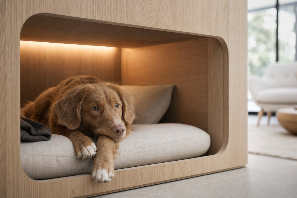 Close-up of a relaxed dog resting inside an open wooden refuge with a soft cushion and warm interior lighting.