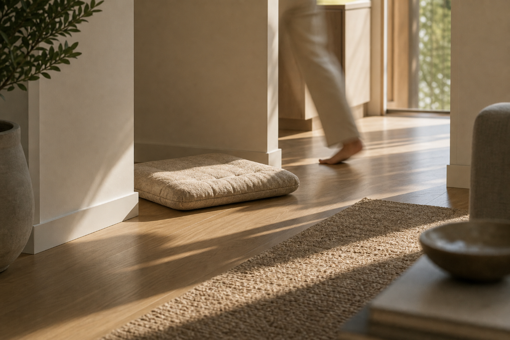A dog resting pad placed at a doorway threshold in a warm domestic interior — illustrating friction in daily circulation.