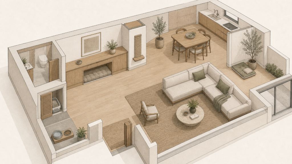 Axonometric residential plan showing separated pet resources, resting zones, scratching surface, hygiene area, and circulation.