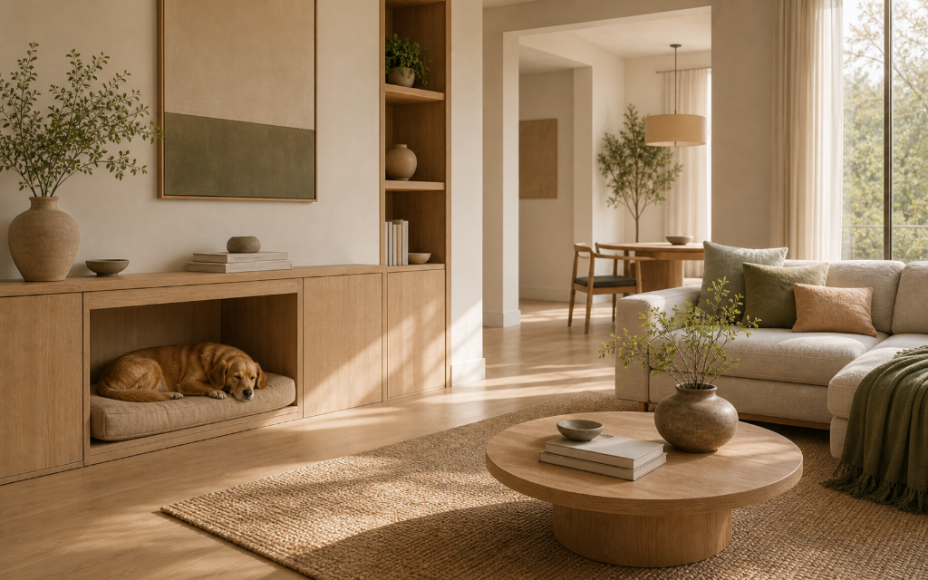 Calm modern home where pet space and human living space are designed together.