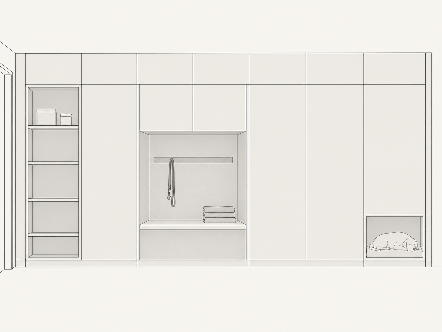 Orthographic elevation of the entry wall showing equal cabinet bays, a sectioned cupboard with shelves for food and medication, the central open care bay with bench and rail, and the low dog bay at the right end