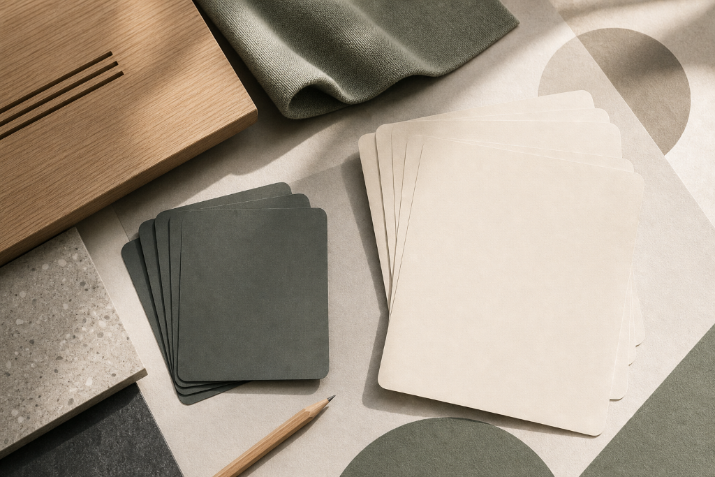 Two stacks of material sample cards in charcoal and cream beside a wood swatch, fabric, and pencil.