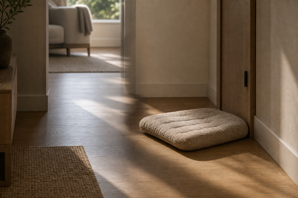 A beige dog mat placed near a threshold in a warm hallway interior with dappled light.