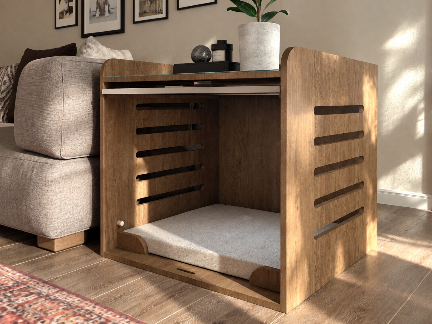 Oak side table beside a sofa with a slatted, open resting alcove and cushioned base