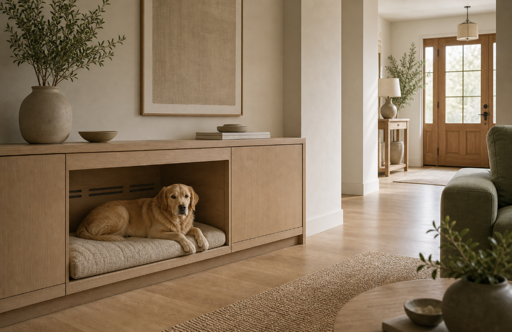 Dog resting in an open built-in sanctuary integrated with residential storage.