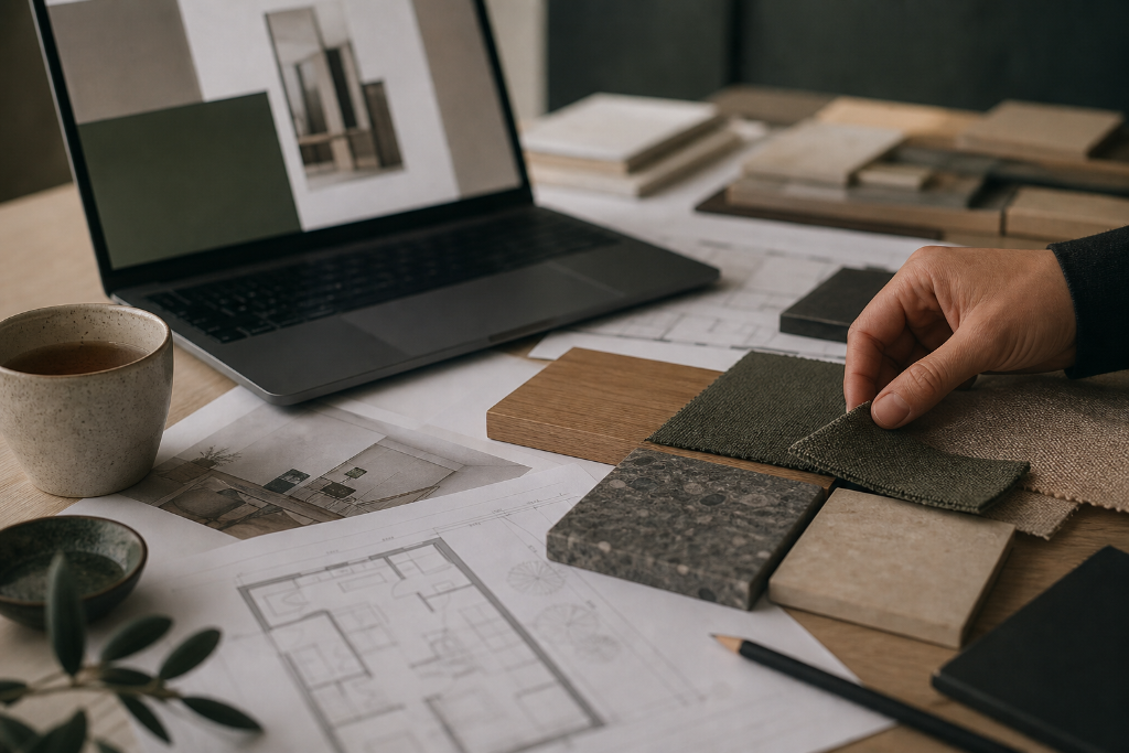 A hand selecting material swatches on architectural drawings beside a laptop, tea, and design samples.