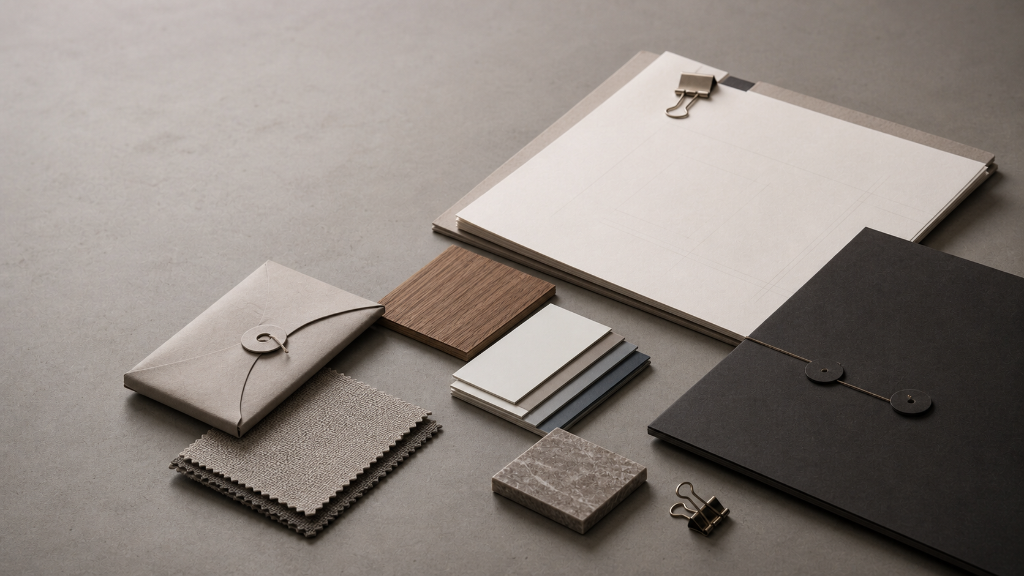 Trade partner resource pack with material cards, timber veneer, fabric swatches, stone sample, paper sleeve and black folder.