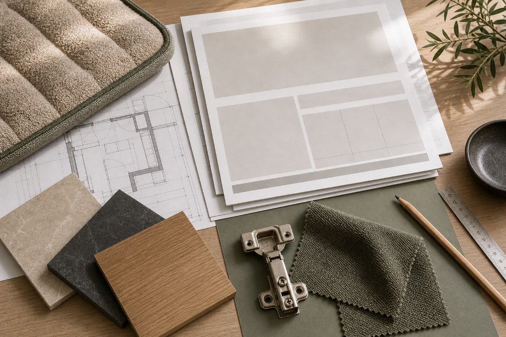 A close specification review table with blank sheets, plan fragments, material samples, hinge hardware, textile swatches, and a measuring scale.